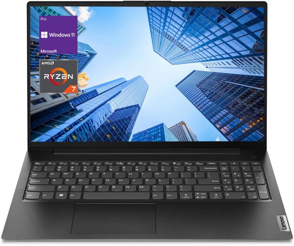 Lenovo V-Series V15 Business Laptop, 15.6″ FHD Display, AMD Ryzen 7 7730U, 16GB RAM, 512GB SSD, Numeric Keypad, HDMI, RJ45, Webcam, Wi-Fi, Windows 11 Pro, Black