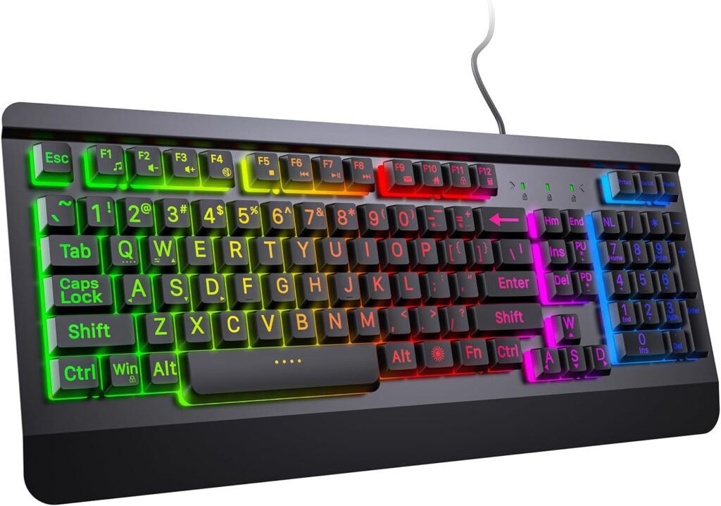 Gaming Computer Keyboard with Large Print Keys, 104 Keys All-Metal Panel, Rainbow LED Backlit, Wrist Rest, Multimedia, Anti-Ghosting, Waterproof Light Up Wired Keyboard for PC Mac Gamer