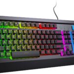 Gaming Computer Keyboard with Large Print Keys, 104 Keys All-Metal Panel, Rainbow LED Backlit, Wrist Rest, Multimedia, Anti-Ghosting, Waterproof Light Up Wired Keyboard for PC Mac Gamer