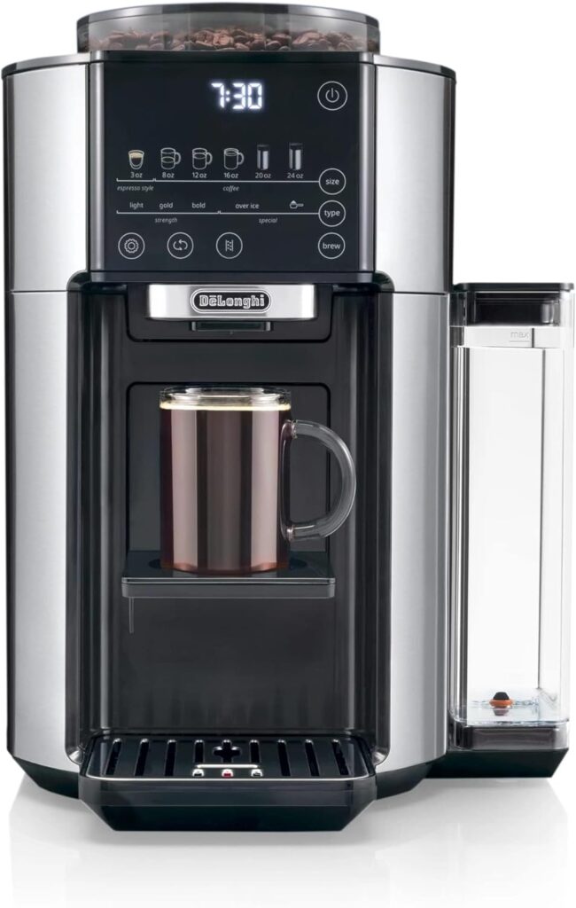 De’Longhi True Brew Drip Coffee Maker, Built in Grinder, Single Serve, 8 oz to 24 oz, Hot or Iced Coffee, Stainless, CAM51025MB