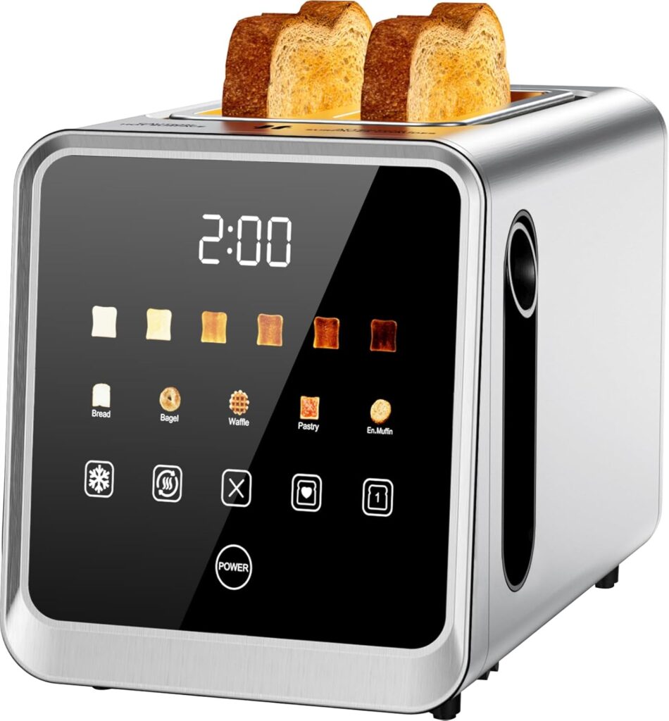 Touch Screen Toaster 2 Slice, Stainless Steel Smart Digital Toasters with Single Slot Toasting, Memory Function, 5 Bread Types & 6 Shade Settings