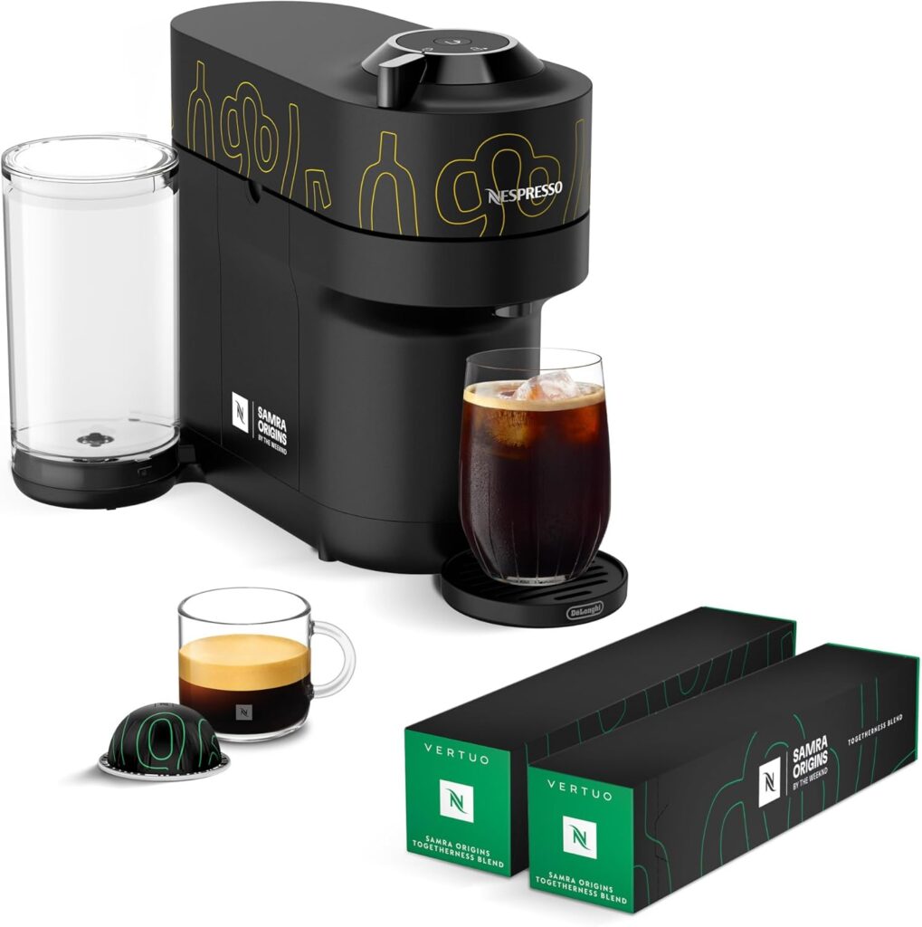 Nespresso Vertuo Pop+ Coffee and Espresso Maker by De’Longhi, Samra Origins by The Weeknd with Togetherness Blend, Double Espresso, Light Roast, 20-Count Coffee Pods