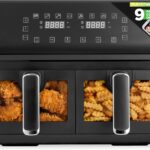 Nutrichef Double Basket Air Fryer 8.8 QT | Family Size Oil Free Airfryer with Transparent Window | 9-1 Preset Cooking Options | 360° Hot Air Circulation Technology | 4.4 QTs per Basket | Black