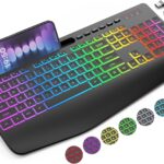 Wireless Keyboard with 8 Colored, 9 Effects Backlits, Wrist Rest, Phone Holder, Rechargeable Ergonomic Computer Keyboard with Silent Keys, 2.4G Lag-Free Cordless Set for PC, Laptop, Windows, MacBook