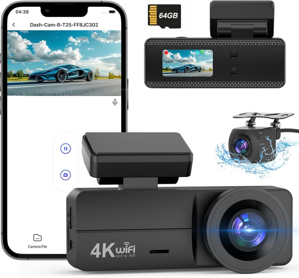 4K Dash Cam Front and Rear, WiFi Dash Cam with 64GB Card, 4K+1080P Dash Camera for Cars, WiFi Car Camera with App Control, 1.47″ Screen DashCam with 24H Parking Monitor,G-Sensor