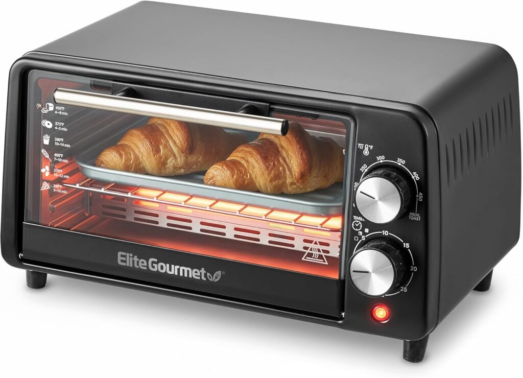 Elite Gourmet ETO449 9L / 4-Slice Countertop Toaster Oven, Compact Design, 30-Min Timer, Adjustable Temp up to 450°F, 800W Quartz Heating, Drop-Down Crumb Tray, Bake, Broil, Toast, Black