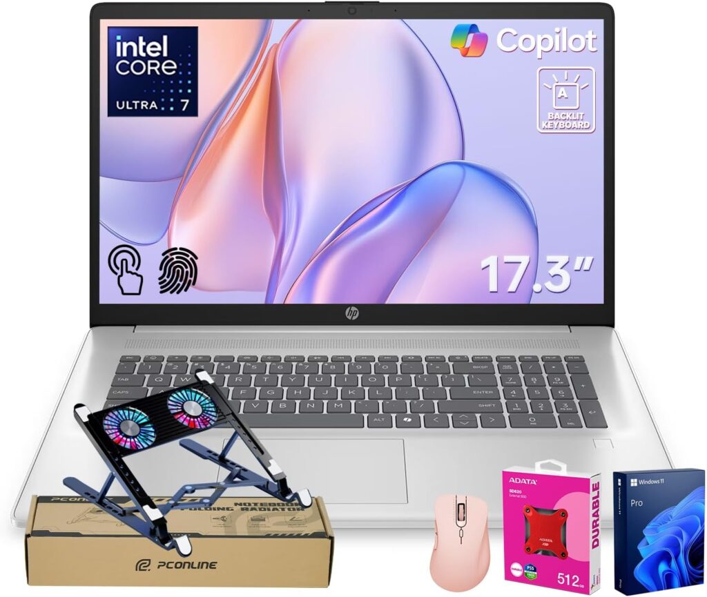HP Pro Business Copliot AI Laptop PC, 17.3″ HD+ Touchscreen, Ultra 7 255U, 64GB DDR5, 2TB SSD, Wi-Fi 6, Webcam, Backlit, Bundle with PCO Laptop Cooler & 512GB External SSD & Thunderobot Wireless Mouse
