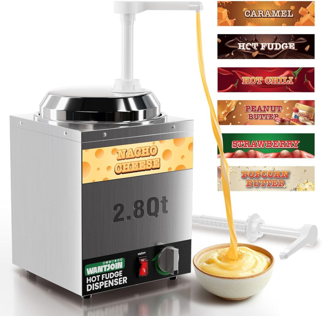 WantJoin Nacho Cheese Dispenser with Pump,2.8Qt Nacho Cheese Warmer,Stainless Steel Hot Fudge Warmer W/5-Level Temperature Adjustment,Commercial Hot Fudge Dispenser for Hot Fudge Cheese Caramel