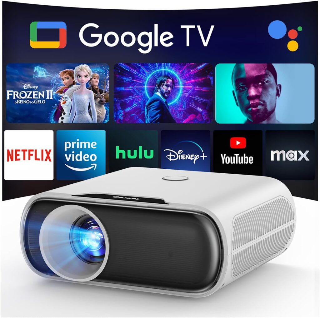 Projector with WiFi and Bluetooth, Goiaey 1000 ANSI GoogIe TV Smart Portable Projector, Built-in Official Streaming Apps, GoogIe Voice, DoIby Audio, HDR 10 Native 1080P 4K Supported Movie Proyector