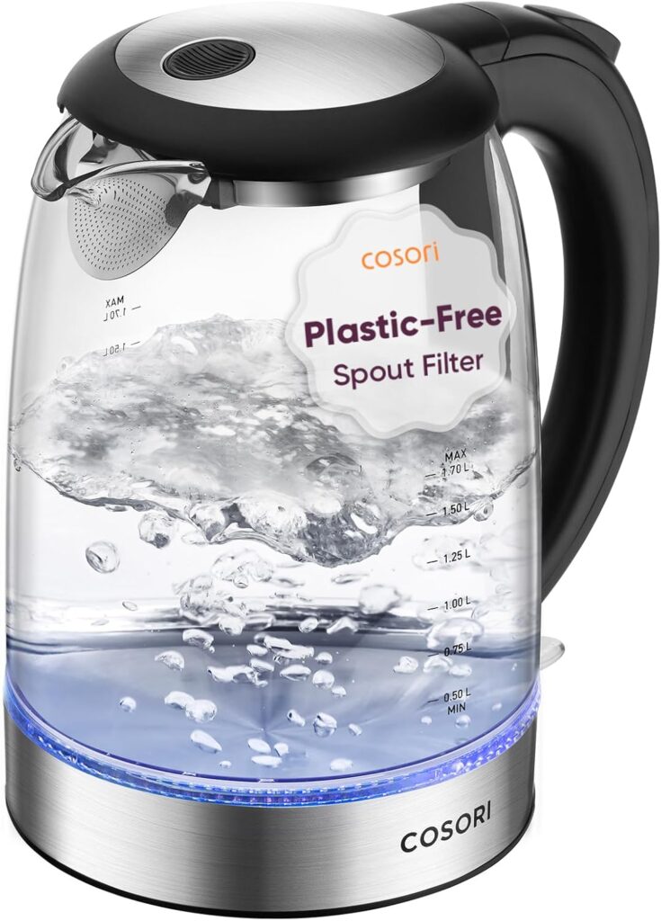 Cosori Electric Kettle, No Plastic Filter & Spout, 1.8Qt Tea Kettle & Hot Water Boiler For Coffee & Tea, Water Heater & Teapot, Automatic Shut Off, Borosilicate glass, Black, 1500W