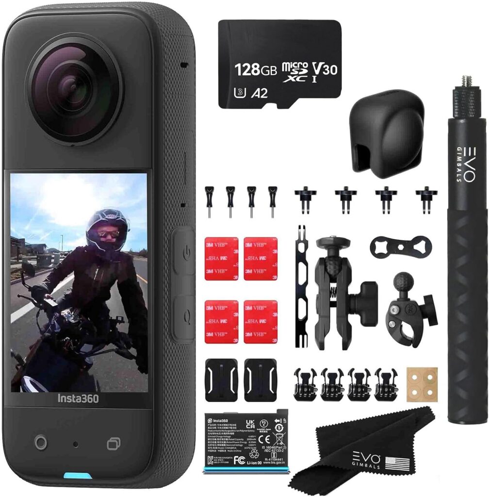 Insta360 X3 – Waterproof 360 Action Camera with 1/2” 48MP Sensors, 5.7K HDR Video, 72MP Photo, 4K Single-Lens, 2.29” Touchscreen|Includes Motorcycle Bundle, Selfie Stick, Lens Cap&128GB, Black