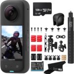 Insta360 X3 – Waterproof 360 Action Camera with 1/2” 48MP Sensors, 5.7K HDR Video, 72MP Photo, 4K Single-Lens, 2.29” Touchscreen|Includes Motorcycle Bundle, Selfie Stick, Lens Cap&128GB, Black