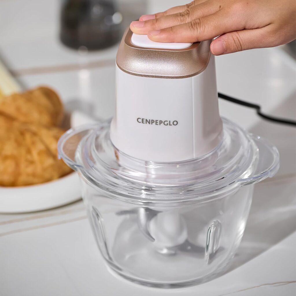 Food Chopper, 8Cup Electric Food Processor, 400W Meat Grinder with 2L Glass Bowls and 2 Bi-Level Blades for Kitchen, Vegetable, Onion, Garlic, Salad, Baby Food, Fruit, Nuts (White)