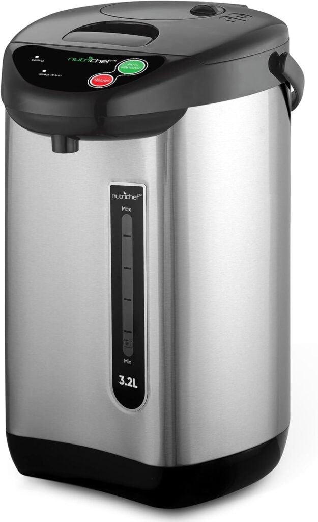 NutriChefKitchen Hot Water Urn Pot Insulated Stainless Steel,Auto & Manual Dispense,Auto Boiler,Safety Lock Shutoff 3.38 QT /3.2L – Auto Boiler Shut Off -One size