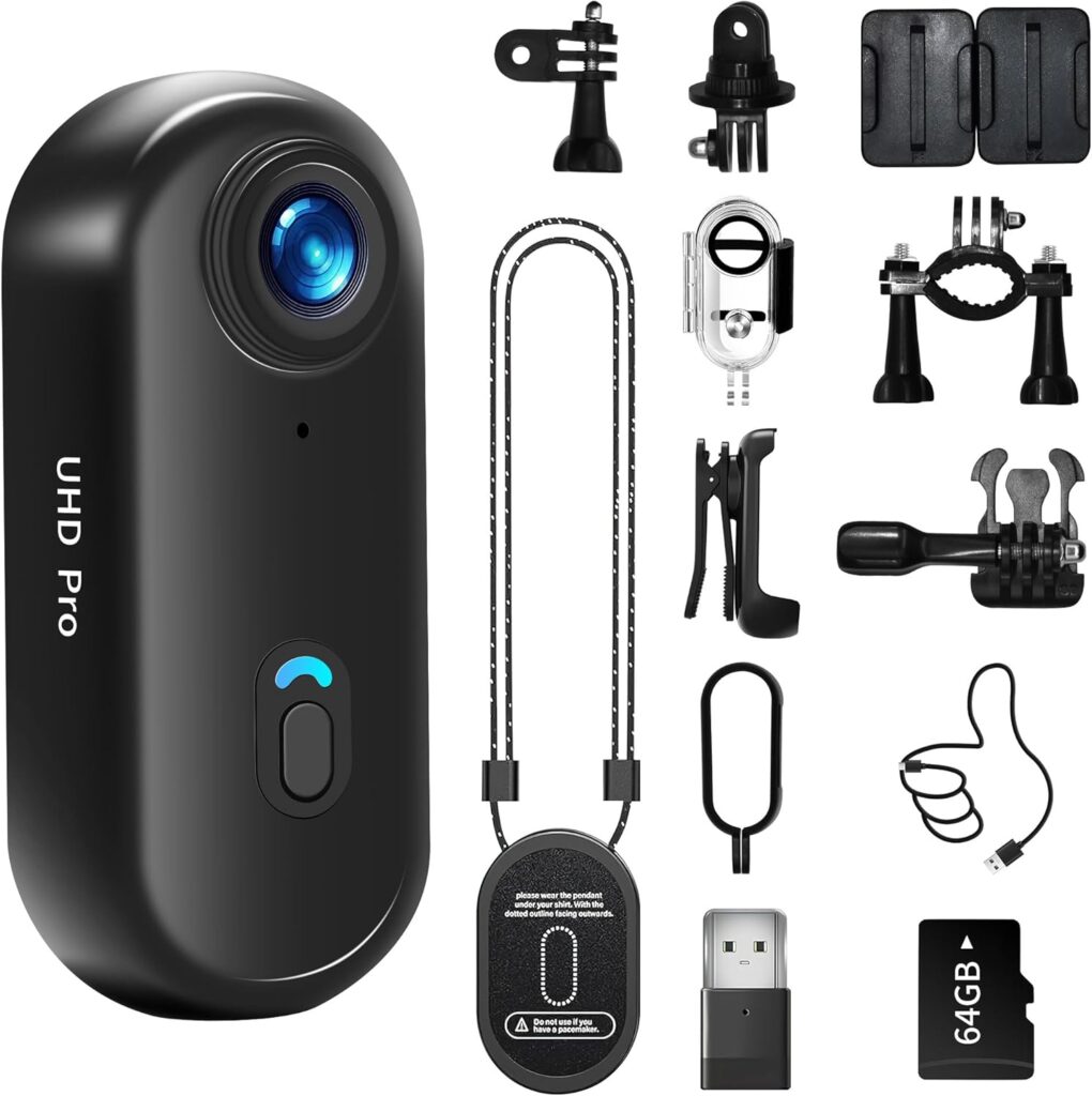 4K Action Camera, 64GB Wearable Sports Camera with Waterproof Case, Magnetic Clip, and Quick-Mount Accessories, Small Body Cam for Cycling, Diving, Travel, and Outdoor Adventures(4K-64G)