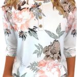 Womens Tops Casual 3/4 Sleeve Shirts Crew Neck Loose Casual Blouses Floral Print Tshirts