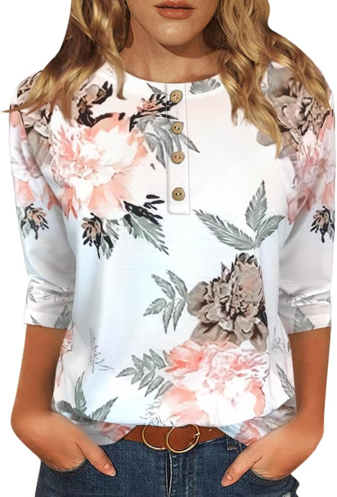 Womens Tops Casual 3/4 Sleeve Shirts Crew Neck Loose Casual Blouses Floral Print Tshirts