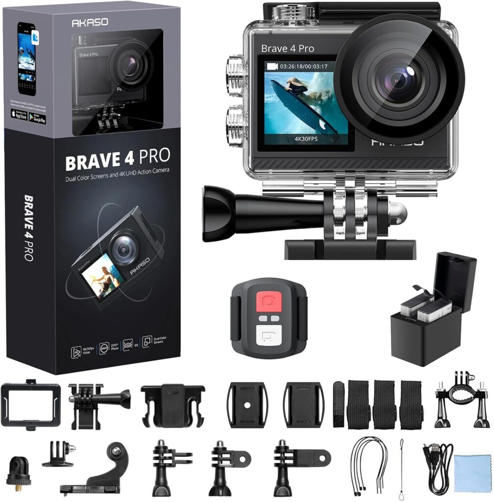 AKASO Brave 4 Pro 4K30FPS Action Camera – 131ft Underwater Camcorder Waterproof Camera with Touch Screen Advanced EIS Remote Control 5X Zoom Underwater Camera Support External Mic