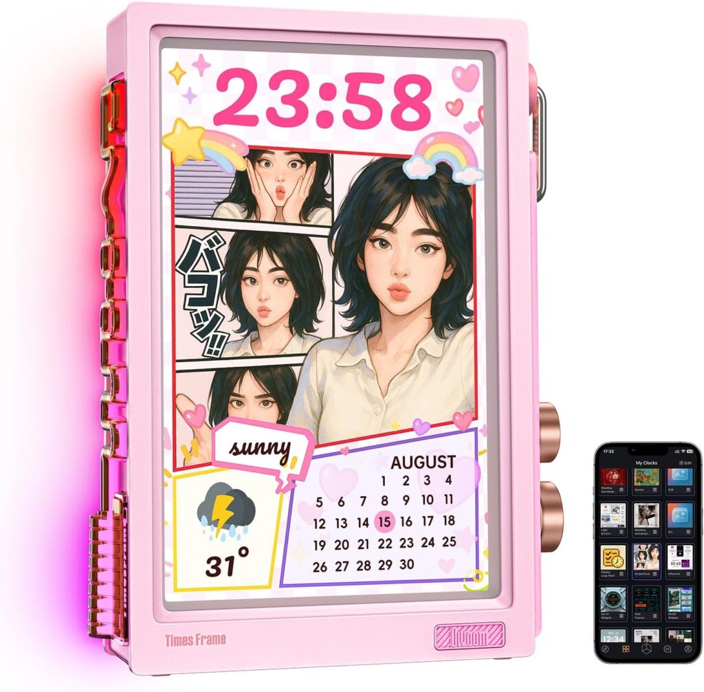 Divoom Times Frame-10.1″ Digital Picture Frame Transparent IPS with RGBLED Rotary Knob WiFi 64GB 400+Clock Faces Widget 50+API Feeds Gift Mode Pixel Art Community Personalized Display (Pink)