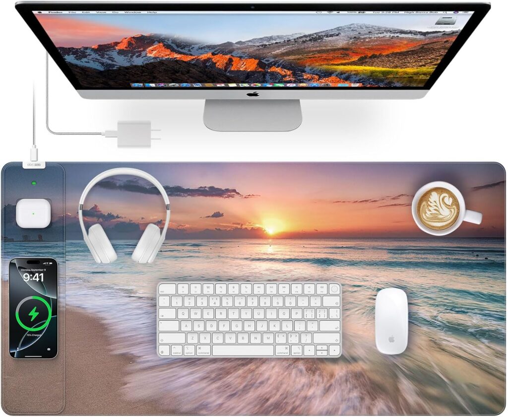Wireless Charging Mouse Pad, 31.5″x15.8″ Large Gaming Desk Mat for Keyboard/Laptop, Waterproof Ultra-Smooth Surface, Non-Slip Base, with 20W PD Adapter, Beach Sunset