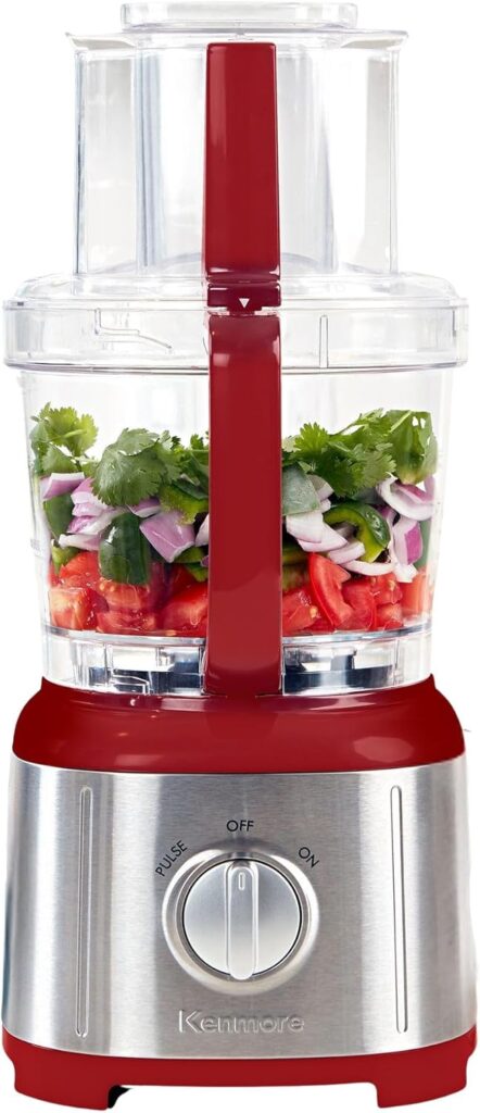 Kenmore 11 Cup Food Processor – Vegetable & Fruit Salad Cutter, Multifunctional, Chopper, Clicer, Mincer, Puree, Grater, Blades, Shredder, Compact Stainless Steel Kitchen Appliances, 500 W Red