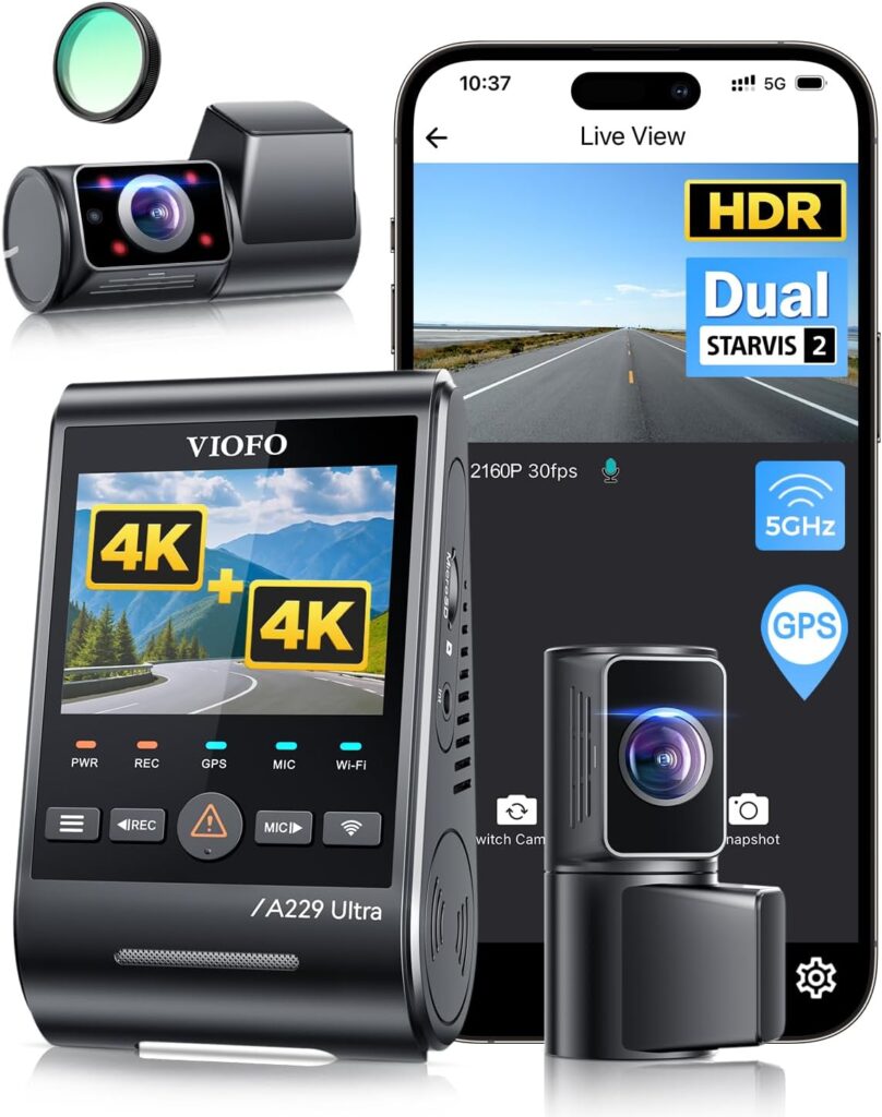 VIOFO A229 Ultra 2CH Dual 4K Dash Cam Front and Rear, Dual STARVIS 2 IMX678 Sensors & 2-Channel 4K HDR, Faster 5GHz Wi-Fi & Precise GPS, Voice Control, Super Night Vision 2.0, Supports up to 512 GB