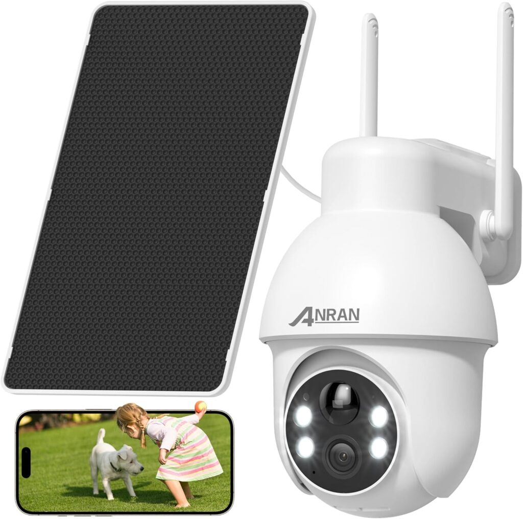 ANRAN 2K Solar Security Camera Wireless Outdoor, 360° Pan/Tilt Color Night Vision, PIR Human Detection, 2-Way Audio, Weatherproof, Compatible with Alexa, 2.4GHz WiFi Only