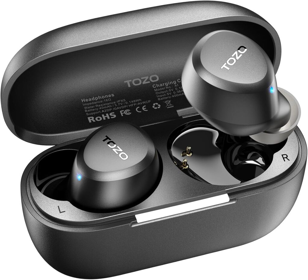 TOZO A1 Wireless Earbuds Bluetooth 5.3 Light Weight in Ear IPX5 Waterproof Headphones 2 Mic for AI Calls, Immersive Premium Sound Bass Headset with Charging Case, 32 Presets EQ Customization via App