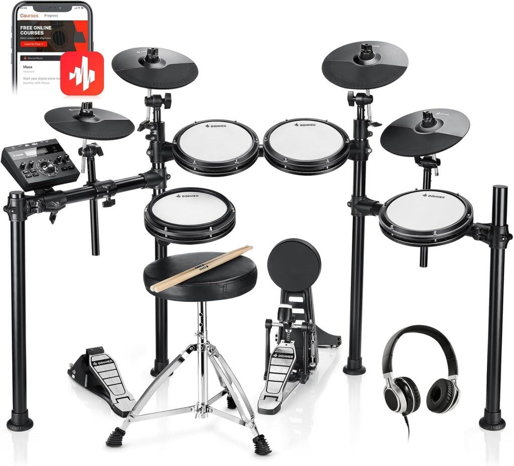 Donner DED-200X Electronic Drum Set, Electric Drum Kit with Quiet Mesh Drum Pads, 2 Cymbals w/Choke, 31 Kits and 450+ Sounds, Throne, Headphones, Sticks, USB MIDI, Melodics Lessons (5 Pads, 4 Cymbals)