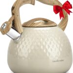 Tea Kettle Stovetop Teapot, 2.5 Quart Loud Whistle Food Grade Stainless Steel and Smooth Wood Pattern Handle, Sophisticated Look for Hiking, Picnic, for Tea, Coffee Milky White