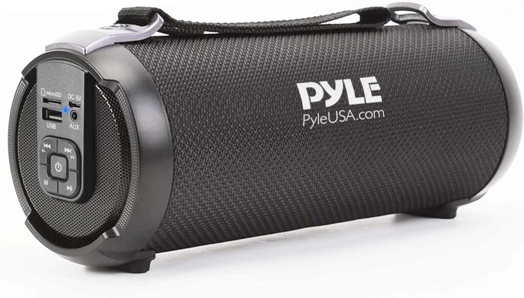 Pyle Wireless Portable Bluetooth Boombox Speaker – Rechargeable Music Barrel with AUX Input, USB/SD/MP3 Playback, FM Radio, 2.5″ Tweeter – Loud Stereo Sound for Travel, Parties, Outdoors (PBMSPG3BK)