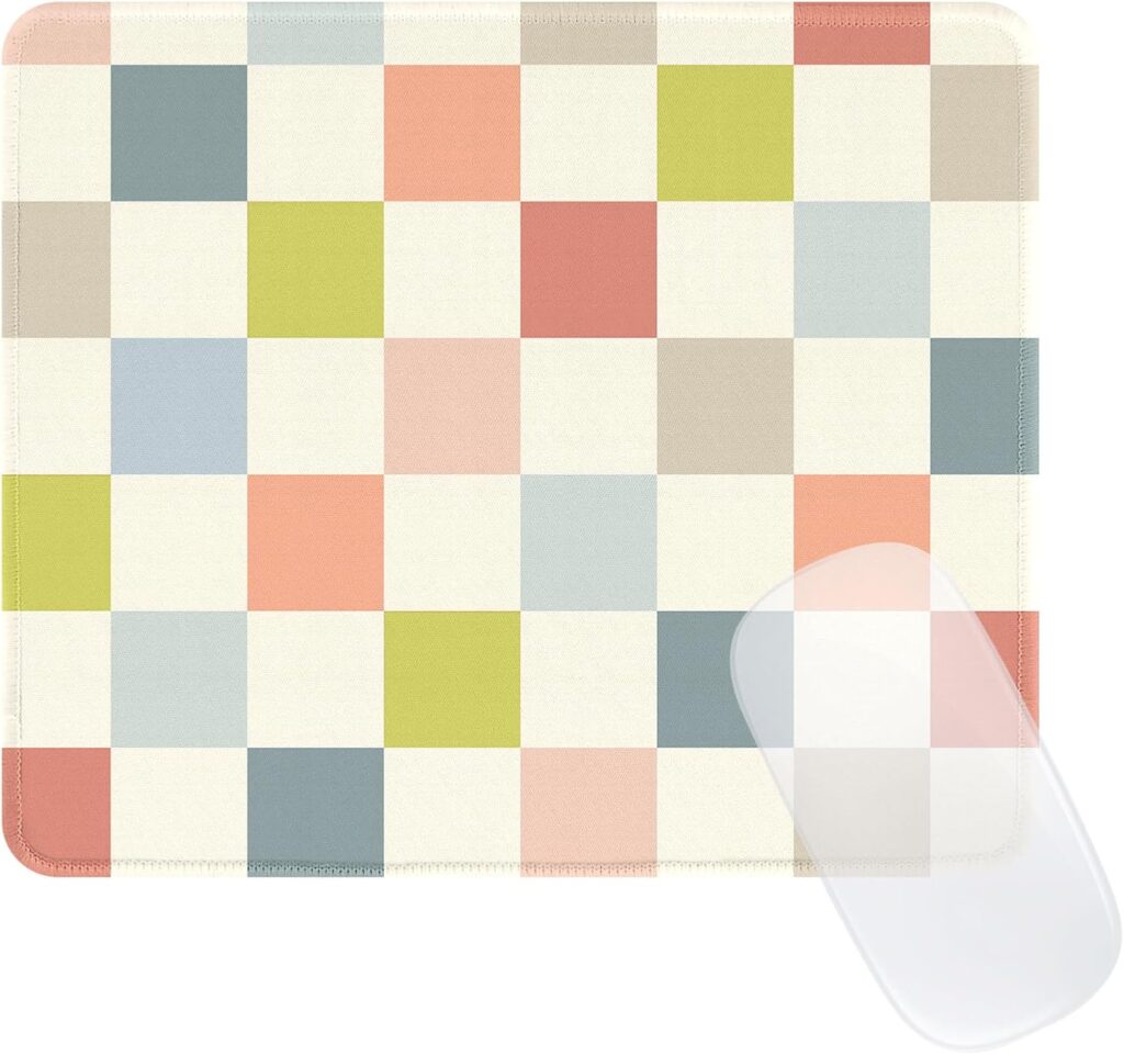 Cute Colorful Mouse Pad,Retro Checkered Pattern Mousepad,Square Aesthetic Waterproof Mouse Mat Design, Non-Slip Rubber Base Funny Boho Small Mouse Pads, Desk Accessories,Beige Light Colors