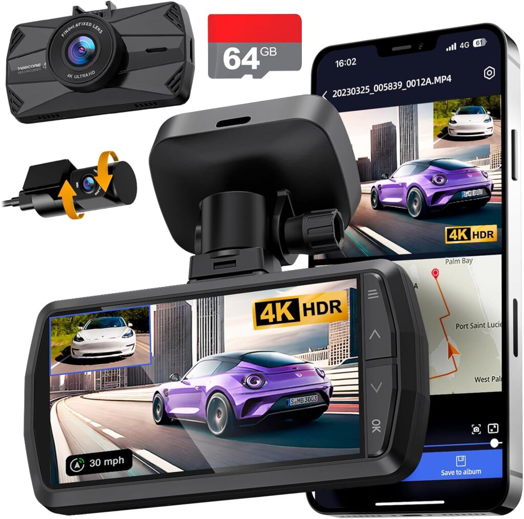 4K Dash Cam Front and Rear, Built-in WiFi GPS, 3.3″IPS Screen, Included 64GB Card, HDR Night Vision Dash Camera for Cars, App Control, Emergency Lock, Accident Record, Parking Mode, Support 512GB Max