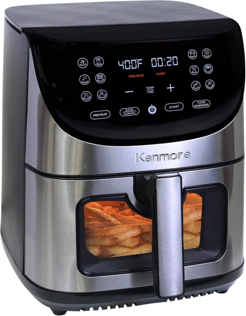 Kenmore 8 Quart Air Fryer – Aerogrill, Non-Stick Frying Basket, French Fry, Digital Touch Screen, 12 Presets, Freidora Eléctrica, Countertop Cooking Kitchen Appliance, Stainless Steel, Black