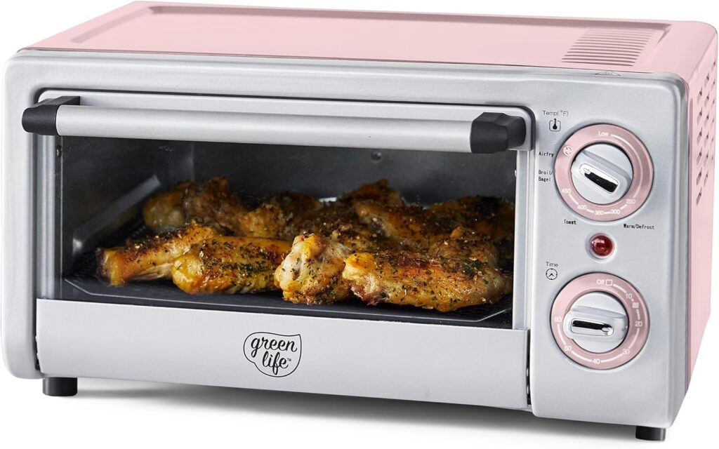 GreenLife Countertop Toaster Oven Air Fryer Stainless Steel, Healthy Ceramic Nonstick, PFAS Free, Tray & Basket, Bake, Broil, Reheat, Adjustable Temp & Time Control, Auto Shutoff, Pink