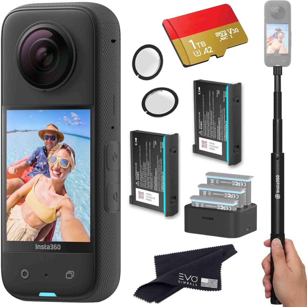 Insta360 X3 Battery Bundle- Waterproof 360 Action Camera Bundle Includes Extra 2 Batteries, Charger, Invisible Selfie Stick, Lens Guard & 1TB Memory Card