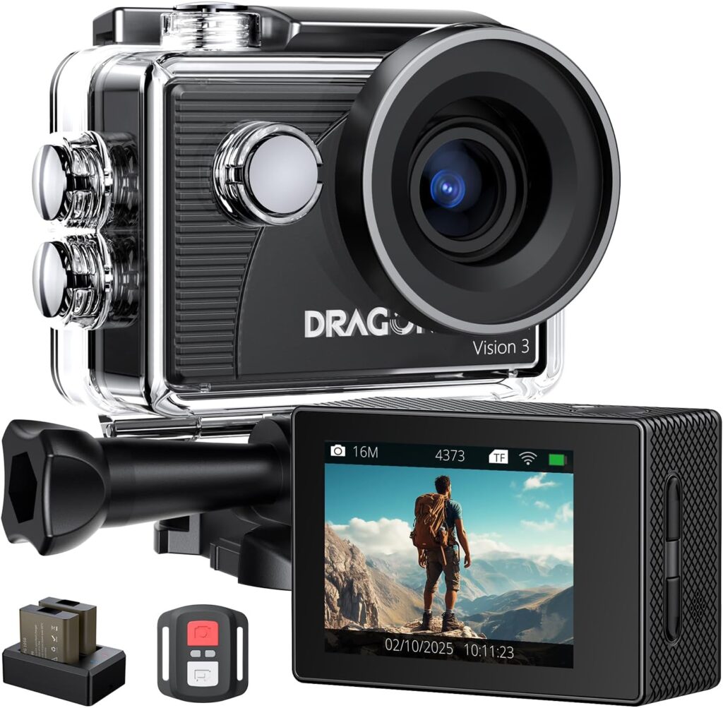 Dragon Touch Action Camera 4K 20MP 30FPS 100FT Waterproof Underwater Camera 170° Wide Angle WiFi Sports Cam with Remote 2 Batteries and Mounting Accessories Kit
