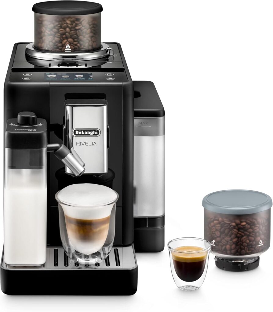 De’Longhi Rivelia Automatic Espresso Machine with Grinder & Milk Frother – All-in-One Coffee Maker, Hot & Iced Latte, Cappuccino, Bean Switch System, Burr Grinder, Compact Italian Design, Black