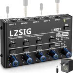 LZSIG Mini Audio Mixer, Stereo Line Mixer for Sub-Mixing, Ultra Low-Noise, 4-Channel, Dynamic Microphone Independent Control, 1/4″ & 1/8″ TRS Output and Input for Guitars,Bass,Keyboards