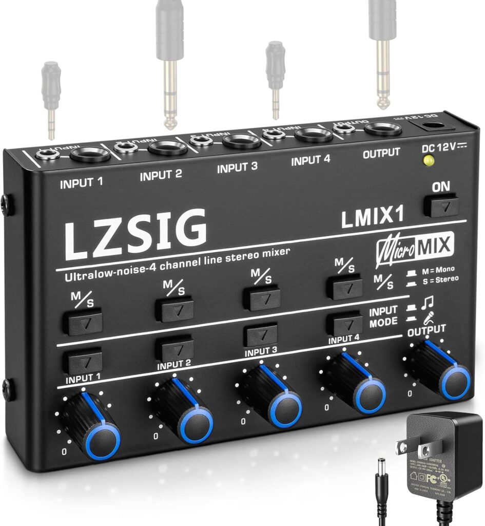 LZSIG Mini Audio Mixer, Stereo Line Mixer for Sub-Mixing, Ultra Low-Noise, 4-Channel, Dynamic Microphone Independent Control, 1/4″ & 1/8″ TRS Output and Input for Guitars,Bass,Keyboards