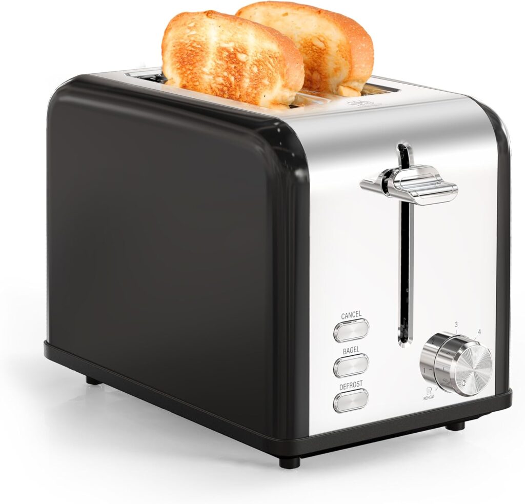 YSSOA 2-Slice Toaster with 6 Browning Setting and 3 Function, Extra Wide Slot & Removable Crumb Tray, Retro Stainless-Steel Style, for Bread & Waffle, Black
