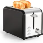YSSOA 2-Slice Toaster with 6 Browning Setting and 3 Function, Extra Wide Slot & Removable Crumb Tray, Retro Stainless-Steel Style, for Bread & Waffle, Black