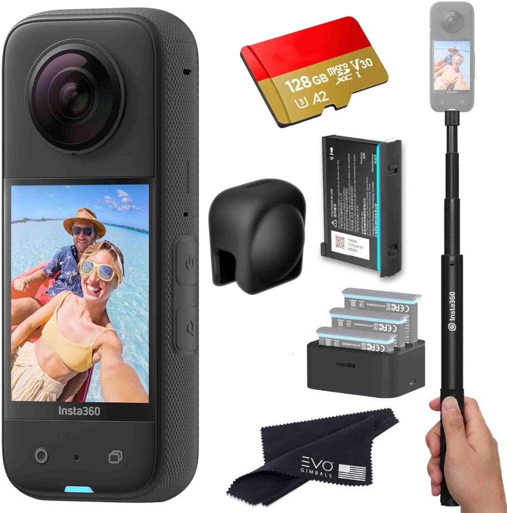 Insta360 X3 – Waterproof 360 Action Camera Bundle Includes Extra Battery, Charger, Invisible Selfie Stick, Lens Cap& 128GB Memory Card