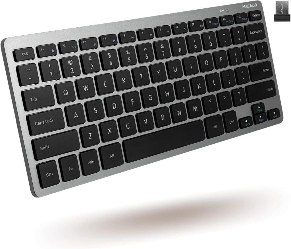 Macally Small Wireless Keyboard | Mini Keyboard for PC – Slim, Quiet & Portable for Laptop, Desktop PC, Surface, Chromebook – Space Gray