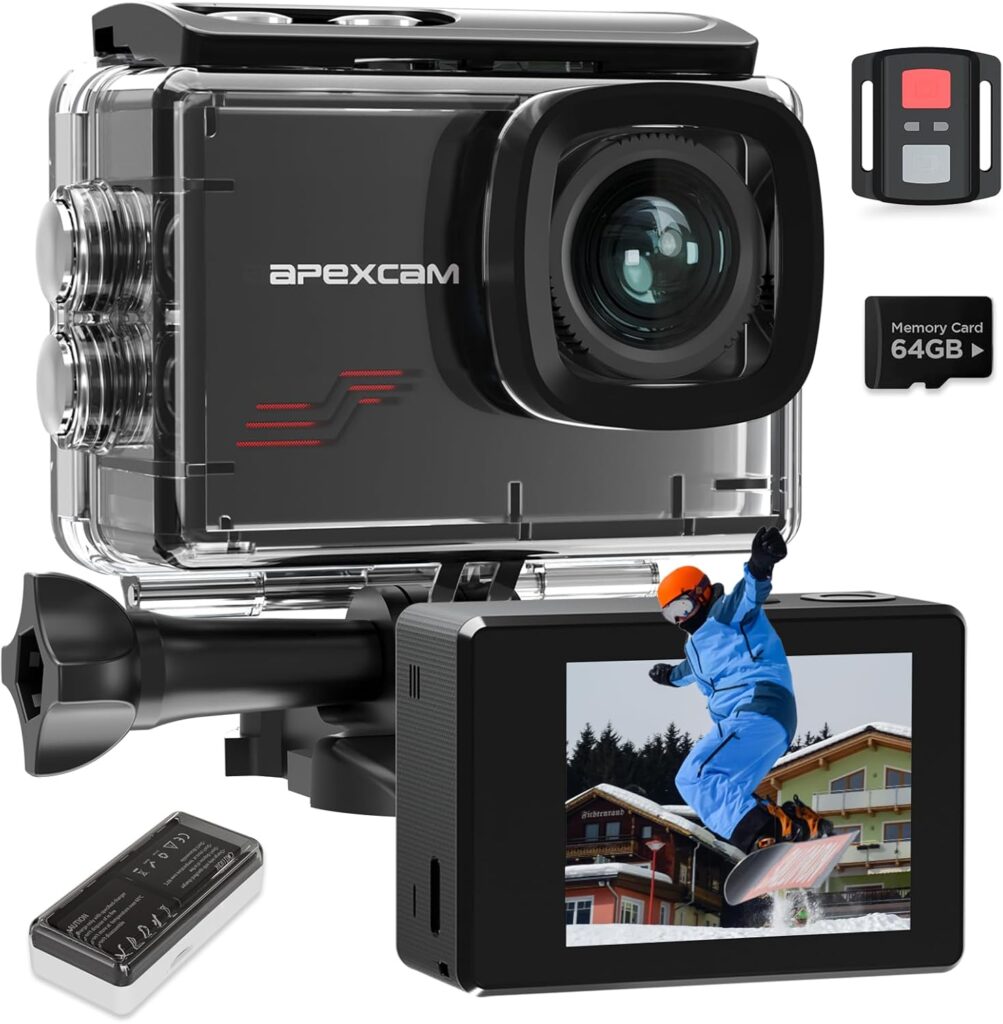 Apexcam Action Camera 4K with 64GB Card, HD 60FPS 48MP Sports Camera for Vlogging, 40M Waterproof Camera Underwater, 170 ° Wide Angle WiFi Camcorder, 8X Zoom, Remote Control, Helmet Mount Accessories