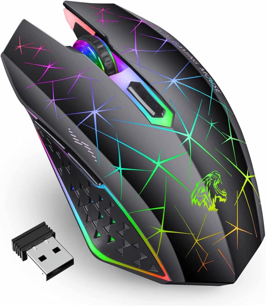 TENMOS V7 Wireless Gaming Mouse, Rechargeable LED Wireless Mouse Silent Optical Rainbow USB Computer Mice for Laptop PC (Black)