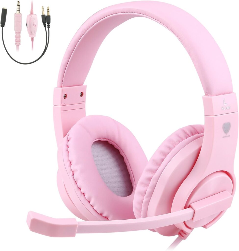 BlueFire Kids Headphones for Online School, Children, Teens, Boys, Girls, 3.5mm Stereo Over-Ear Gaming Headphone with Microphone and Volume Control for PS4, PS5, New Xbox Oneļ¼Pinkļ¼
