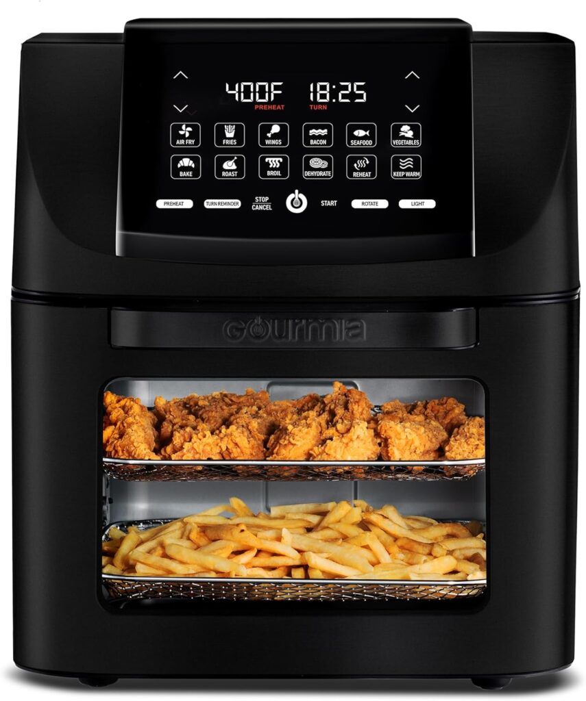 Gourmia Air Fryer Toaster Oven Combo – All-in-One 14-Quart Digital Air Fryer Toaster Oven with Rotisserie & Dehydrator – 12 Presets, Guided Cooking Prompts, 1750W, Dishwasher-Safe Accessories