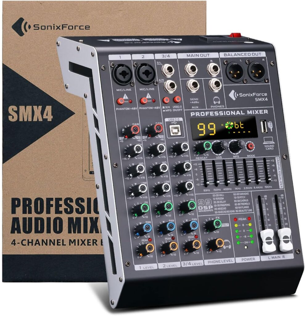Professional Audio Mixer 4 Channel Sound Board Console 99 DSP DJ Mixer 48V Phantom for Karaoke DJ Studio Streaming Recording