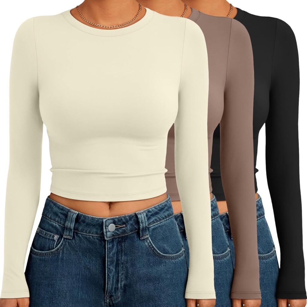 AUTOMET 3 Pack Womens Long Sleeve Shirts Y2K Going Out Crop Tops Cute Basic Slim Fitted Fall Fashion Outfits 2025 Clothes